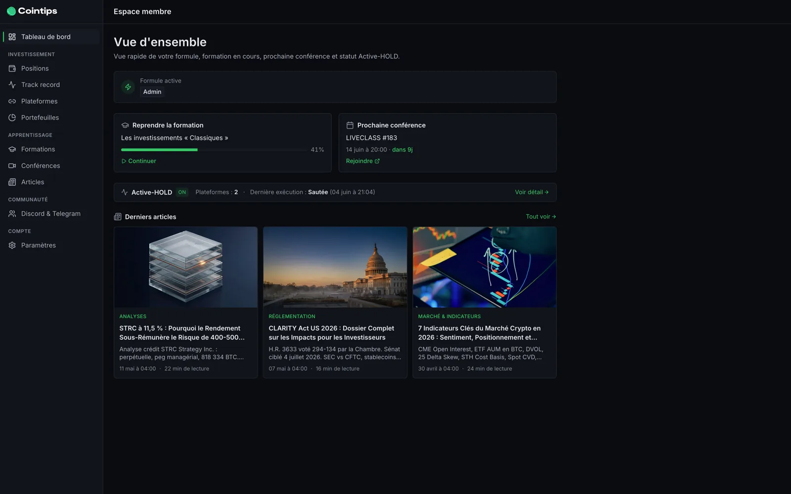 Cointips — Tableau de bord